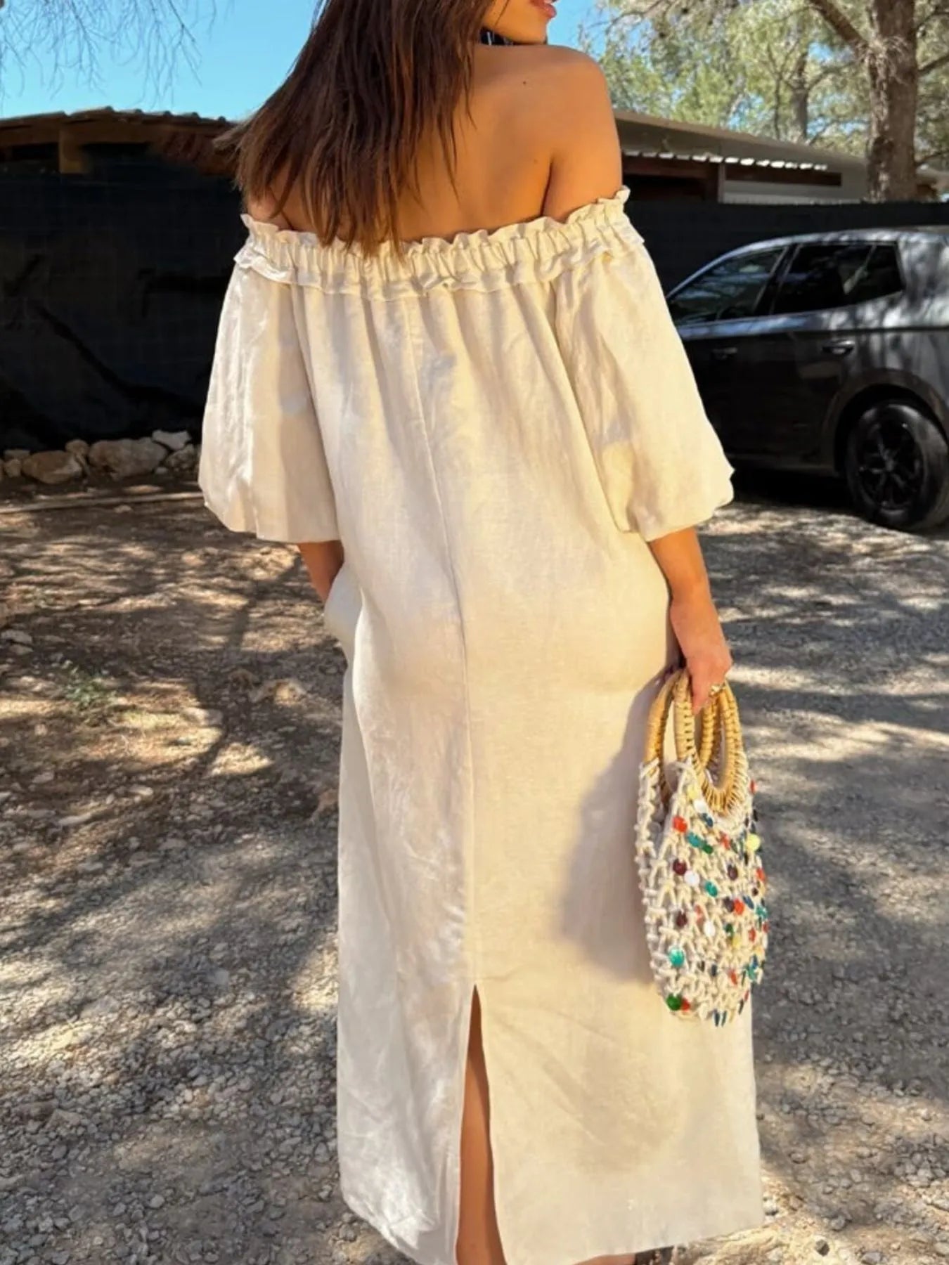 frilled off shoulder dress Frill Printed Off-Shoulder Dress Color / 2XL