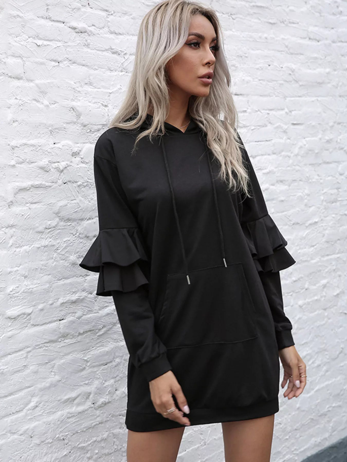 Ruffle Long Sleeve Hooded Mini Dress  Charming Charlie