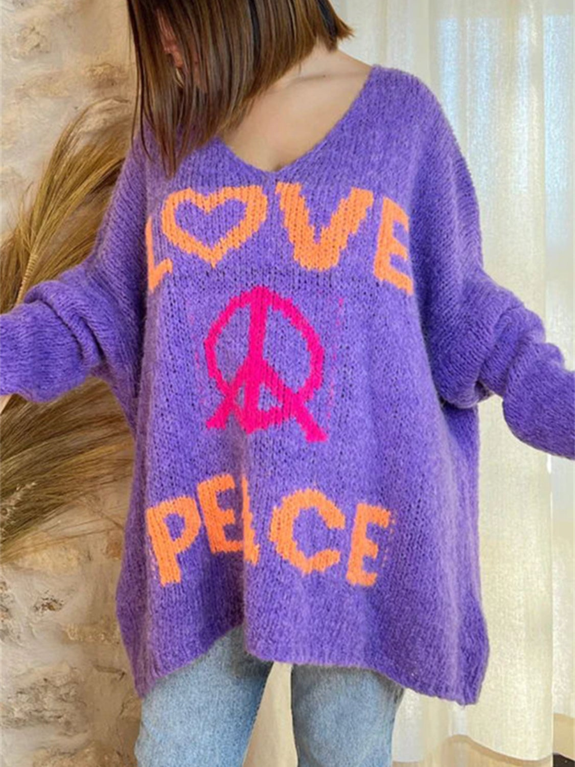 Peace Graphic V-Neck Long Sleeve Sweater - Charming Charlie