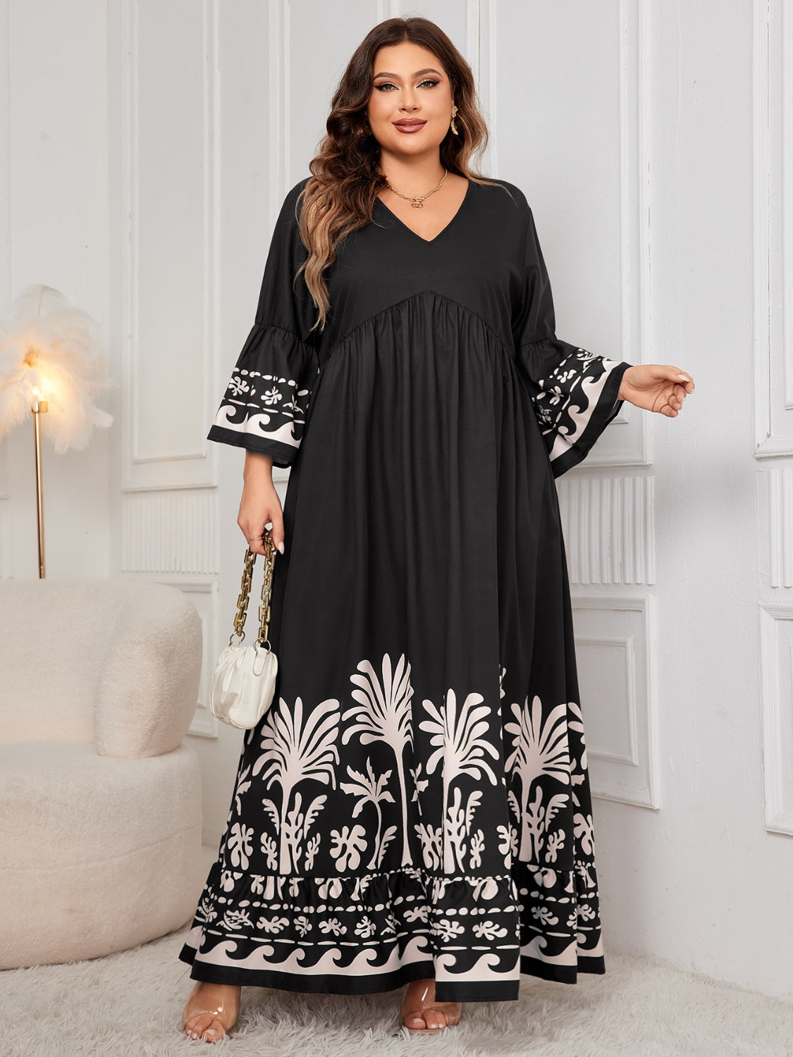 Plus Size Printed V-Neck Long Sleeve Maxi Dress Black / 1XL