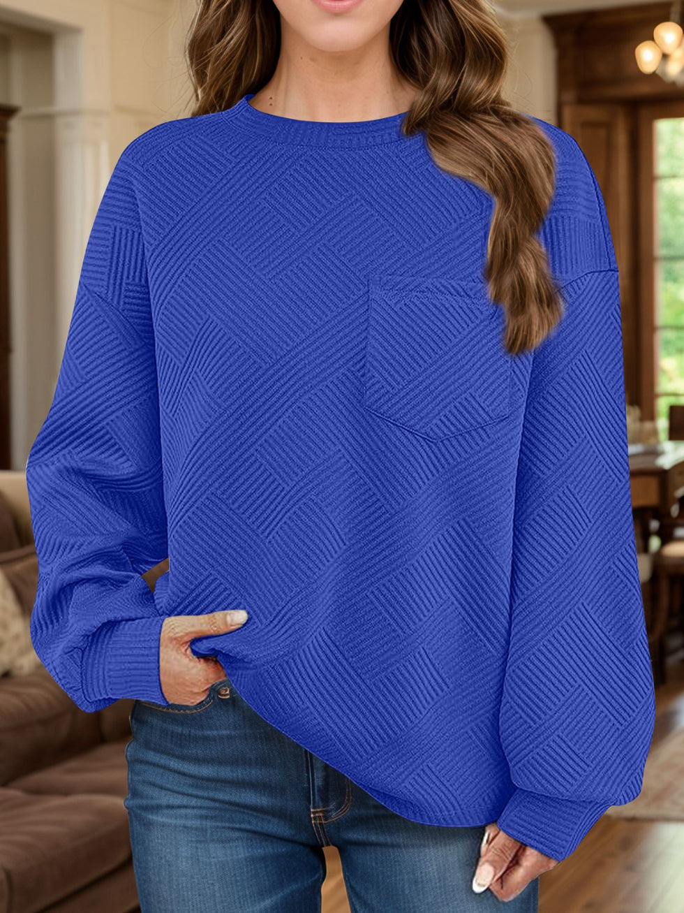 Textured Notched Long Sleeve Sweatshirt main image 0