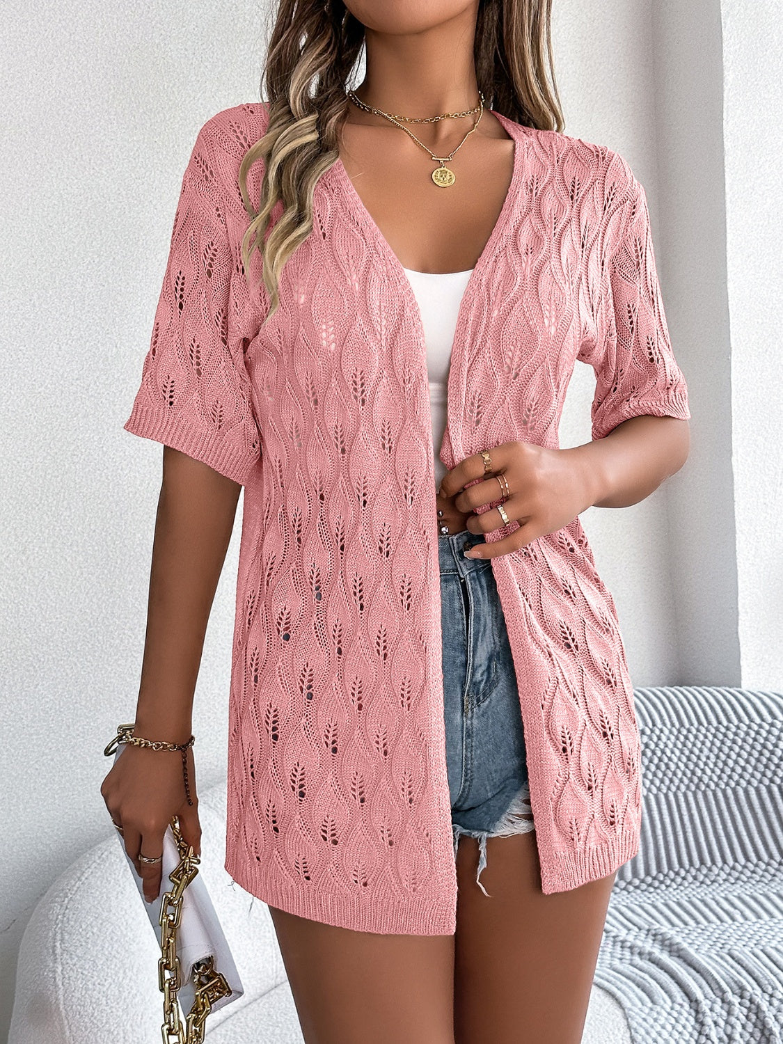 Openwork Open Front Short Sleeve Cardigan – Charming Charlie