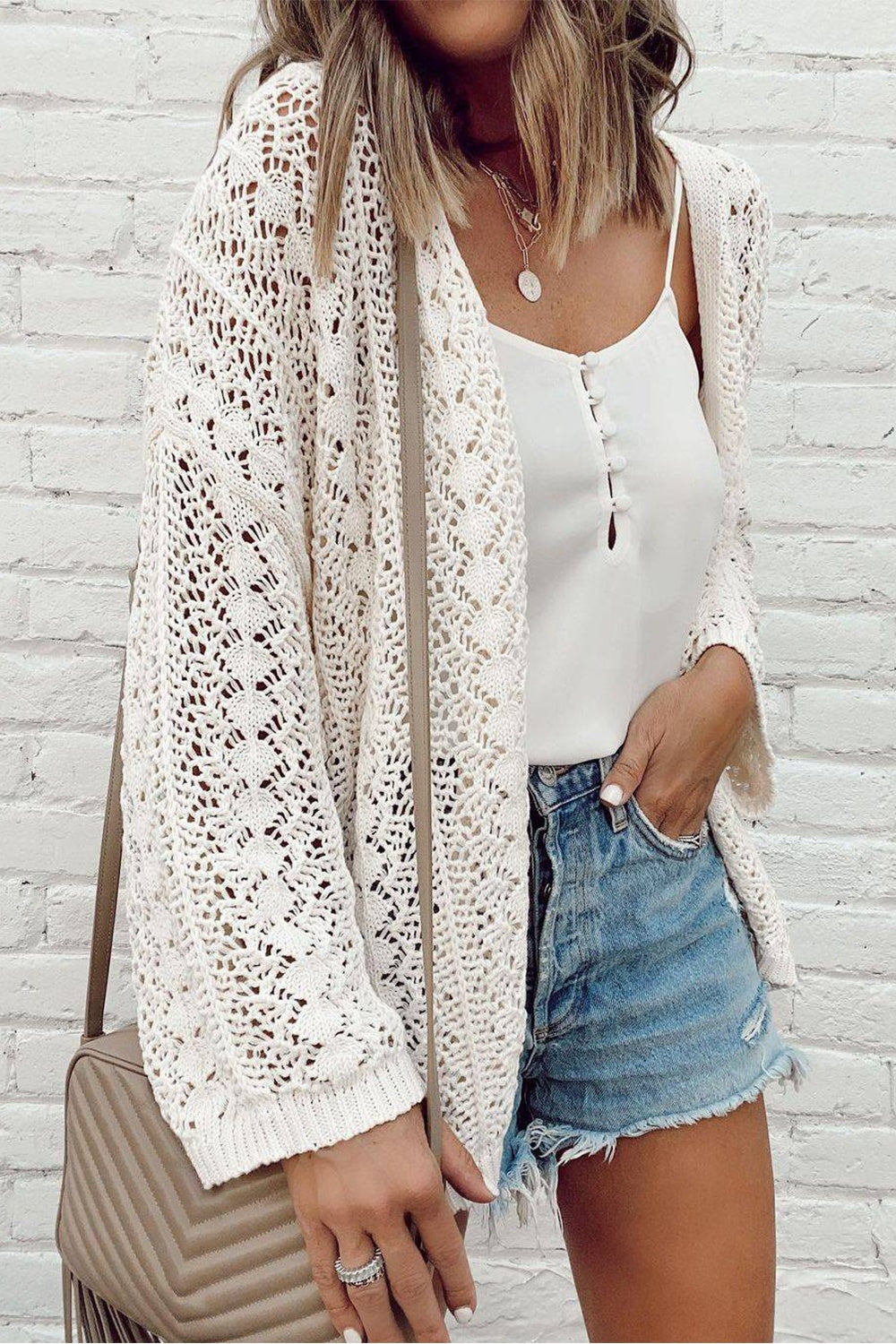 Openwork Open Front Dropped Shoulder Cardigan – Charming Charlie