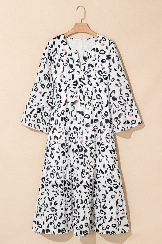 loose leopard print dress Leopard Print Notch V Neck Loose Fit Maxi Dress White / M