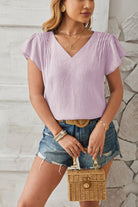 Ruched V-Neck Flounce Sleeve Blouse - Charming Charlie