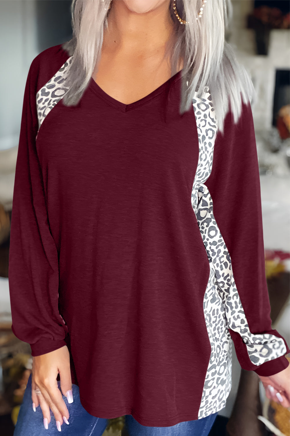 Full Size Leopard V-Neck Long Sleeve T-Shirt - Charming Charlie