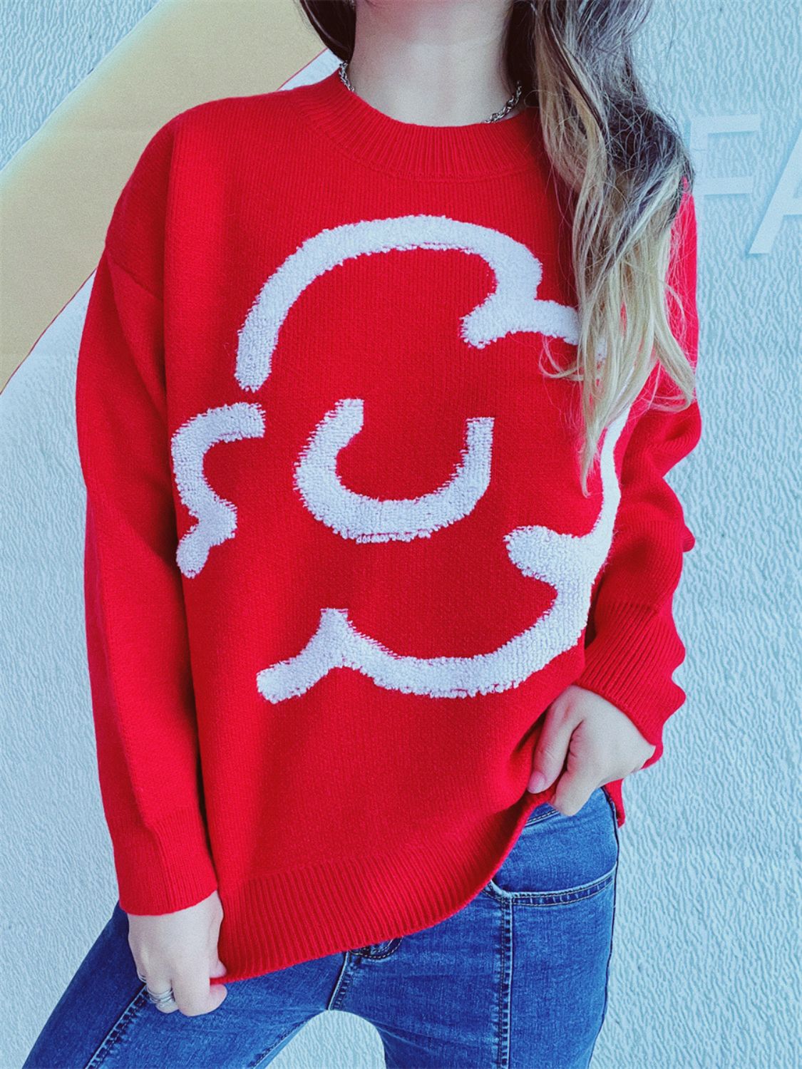 Contrast Round Neck Long Sleeve Sweater - Charming Charlie