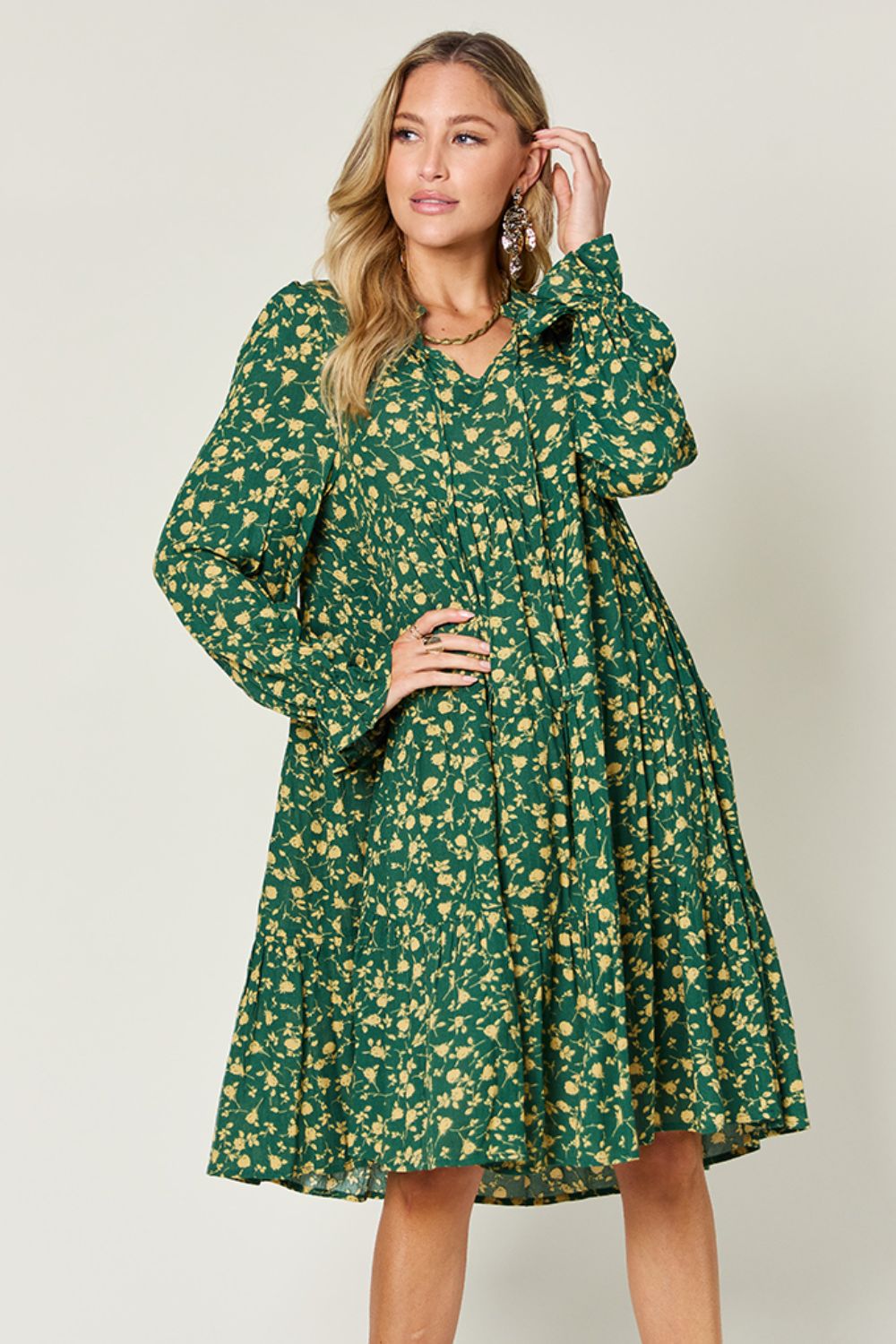 Double Take Full Size Printed Ruffle Hem Long Sleeve Tiered Dress - Charming Charlie