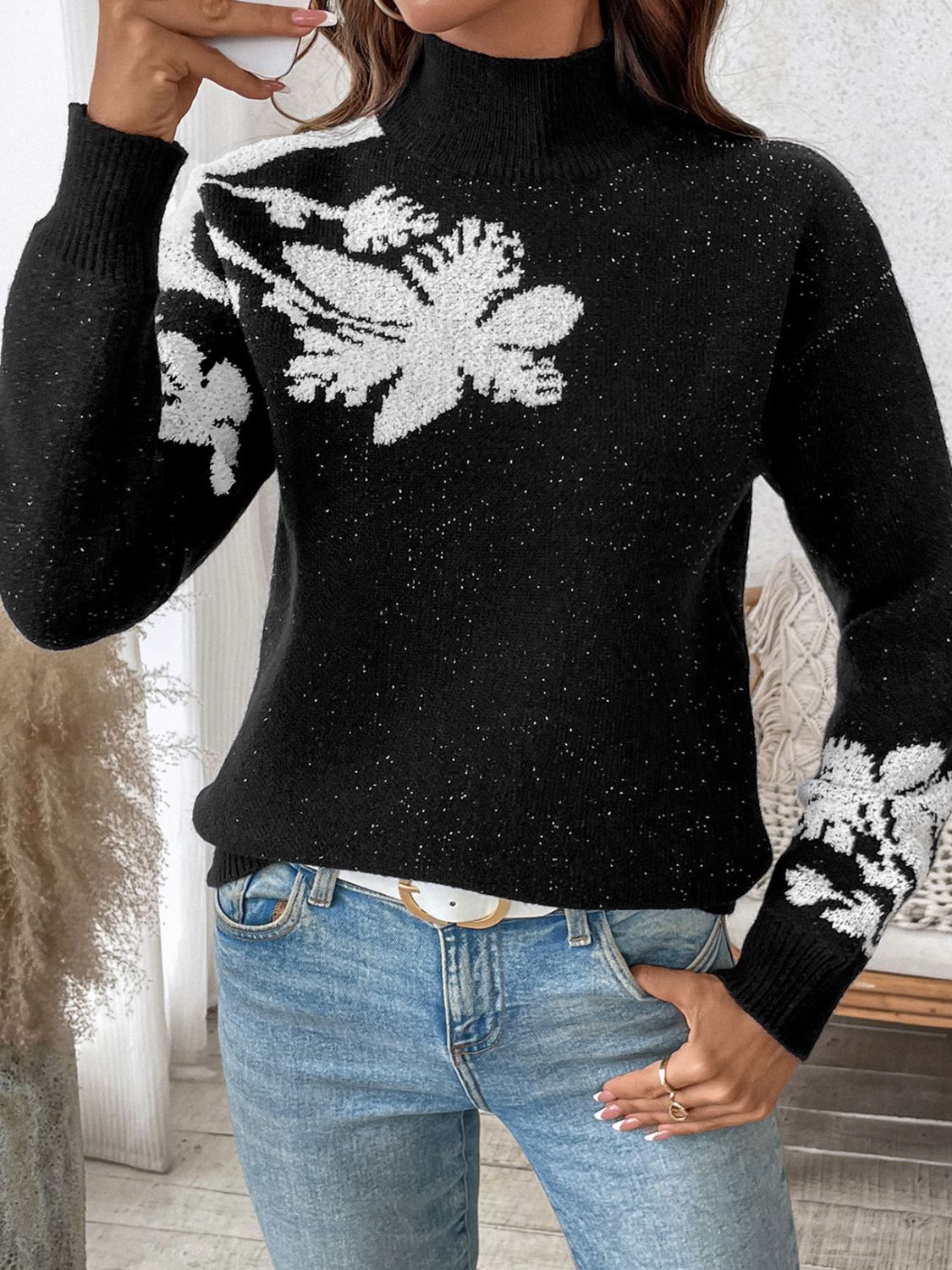 Perfee Flower Mock Neck Long Sleeve Sweater – Charming Charlie