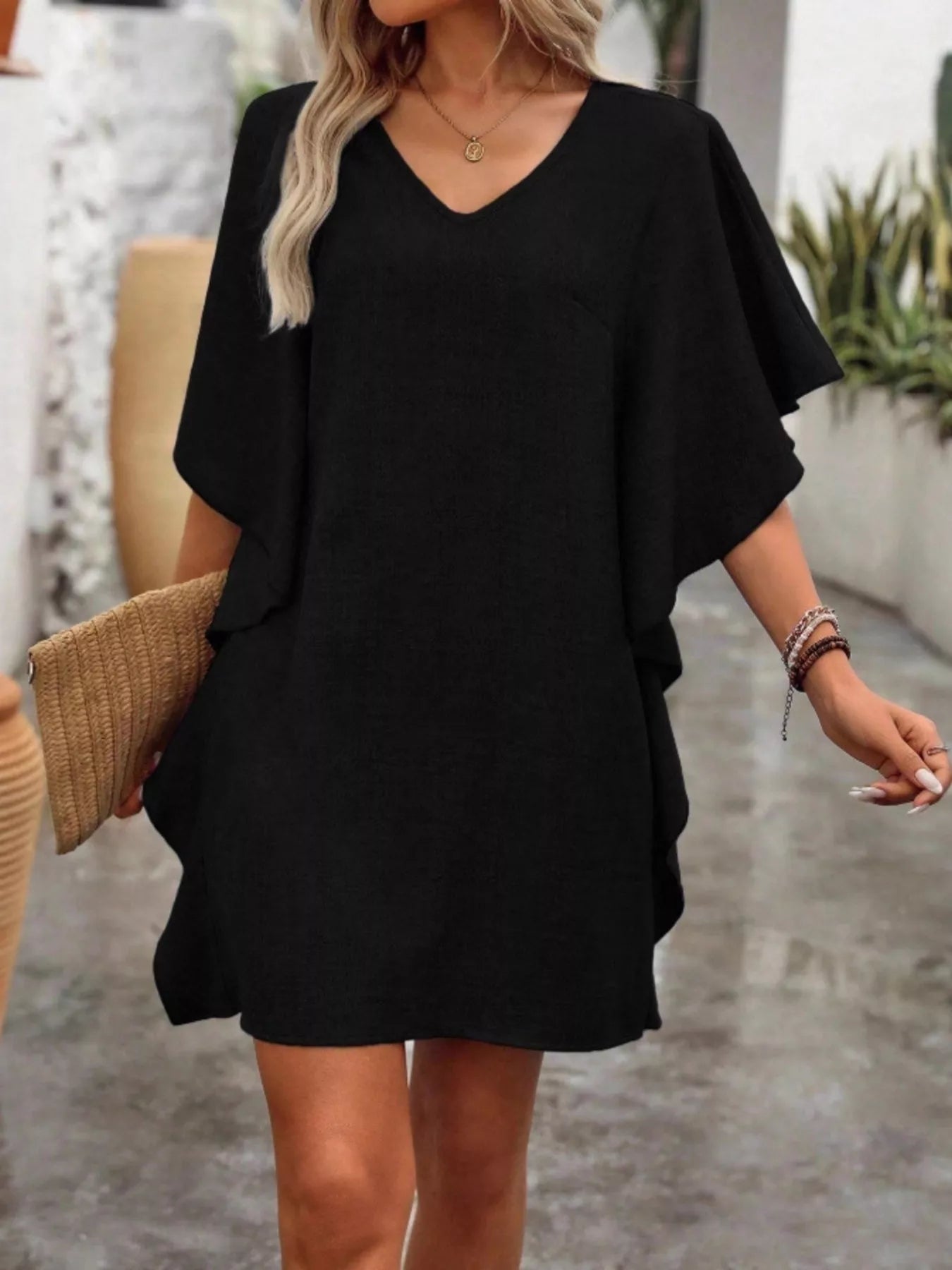 Flowy Sleeve V-Neck Casual Mini Dress Wine Red / M