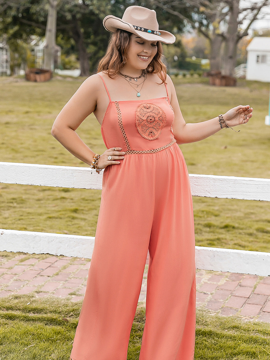 Plus Size Lace Detail Spaghetti Strap Wide Leg Jumpsuit - Charming Charlie