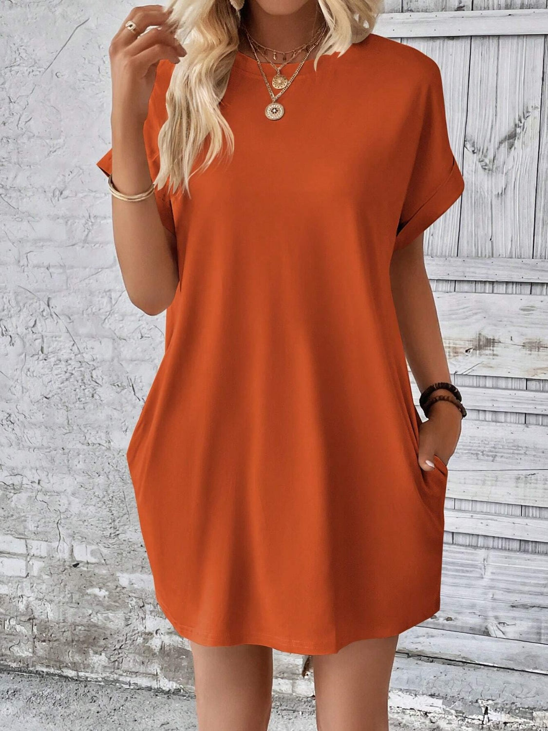 Round Neck Short Sleeve Mini Dress Orange / 2XL Round Neck Short Sleeve Mini Dress Orange / 2XL