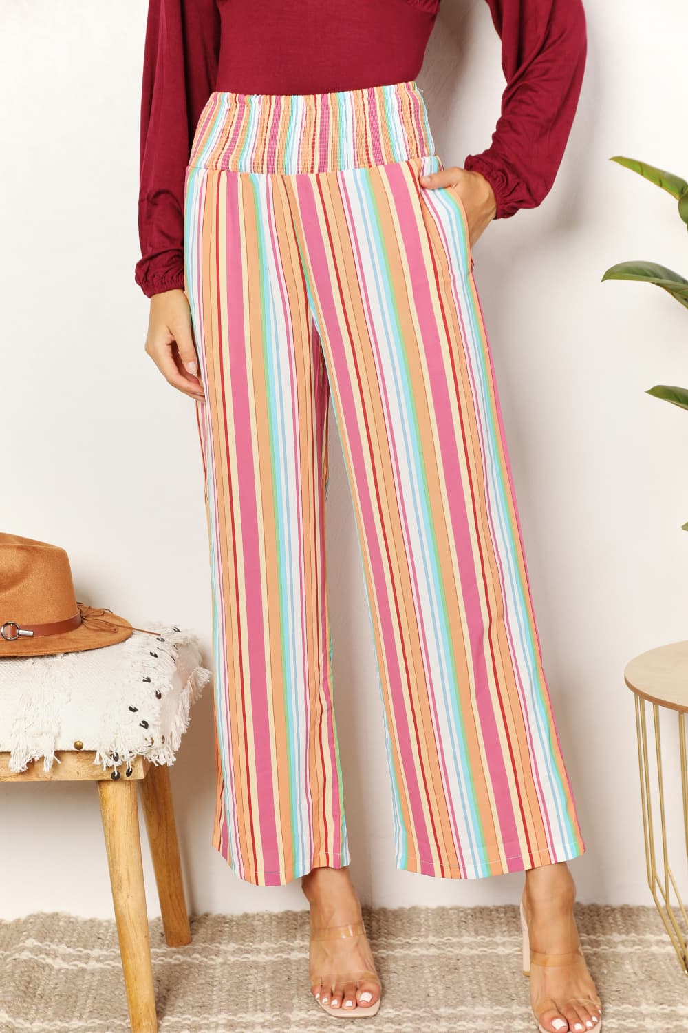 Double Take Striped Smocked Waist Pants with Pockets - Charming Charlie
