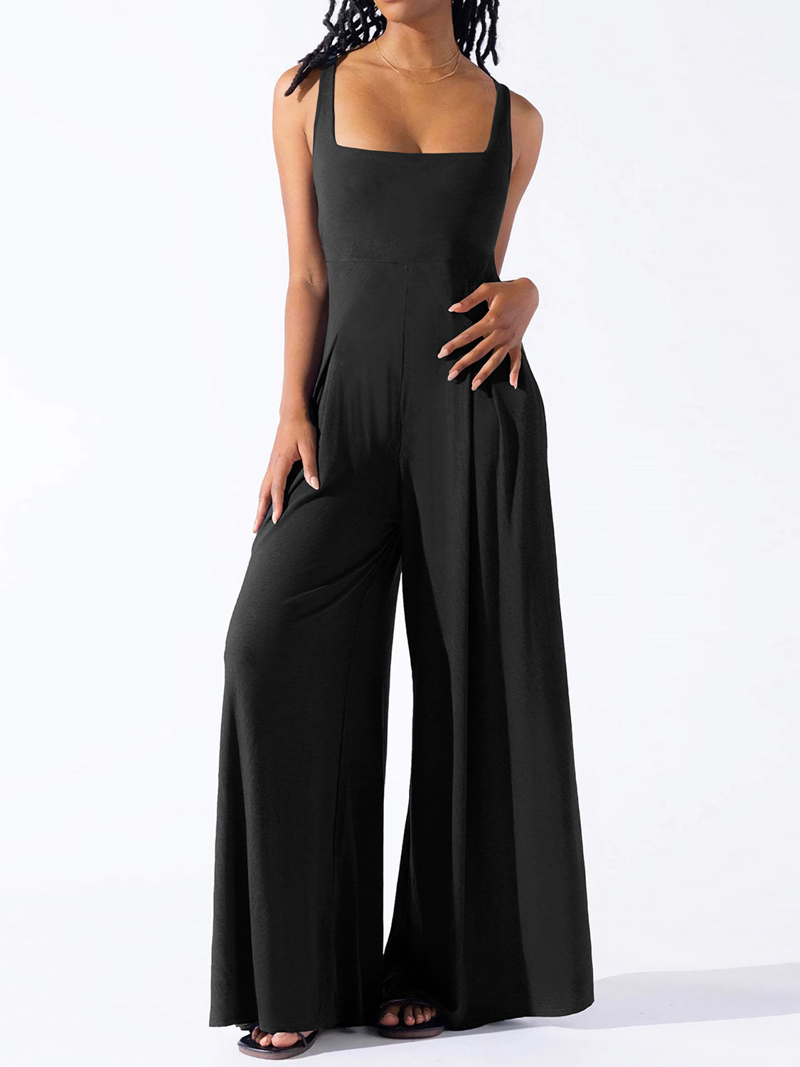 Square Neck Wide Strap Jumpsuit - Charming Charlie