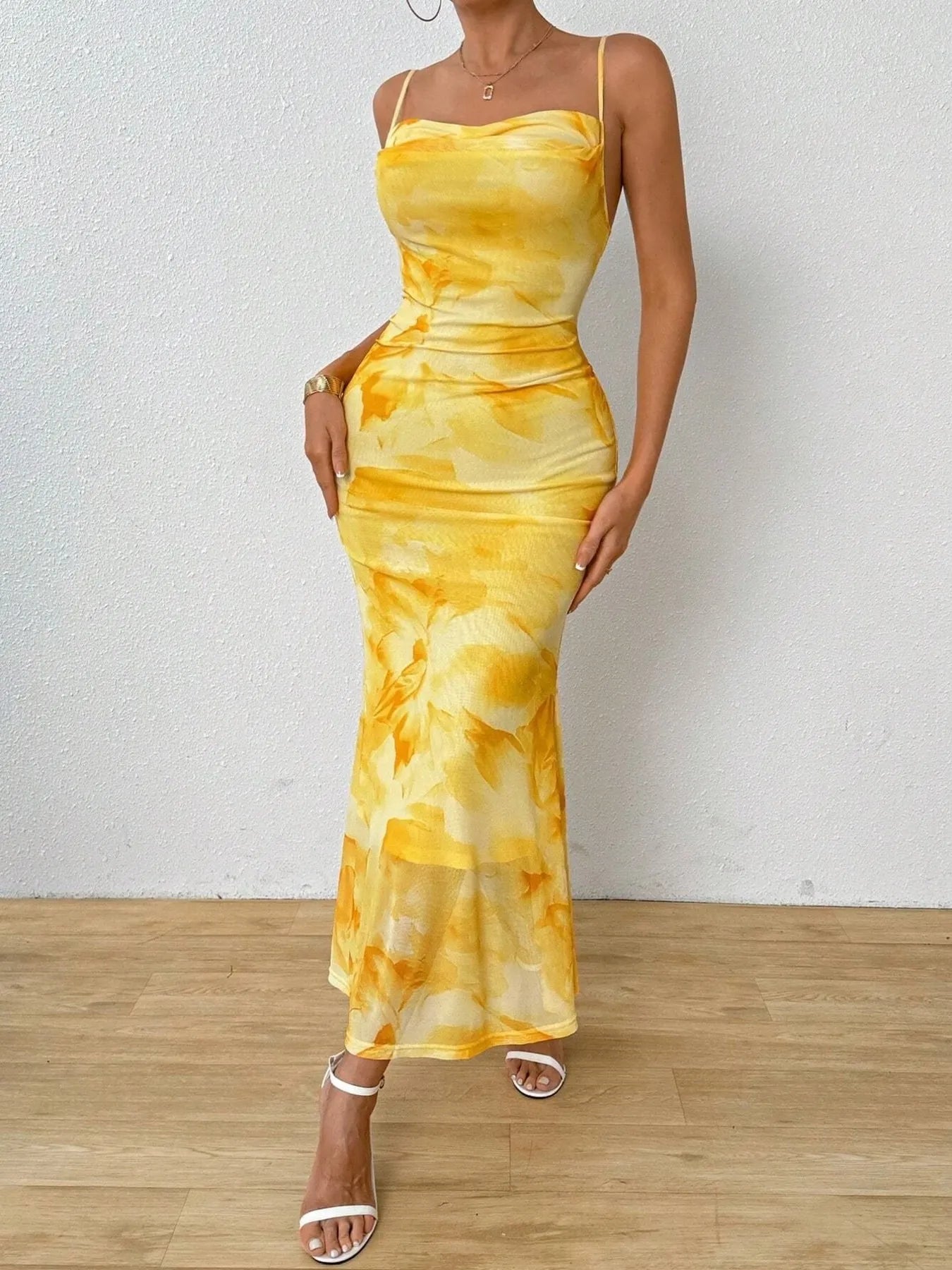 Tie-Dye Ruched Bodycon Mesh Cami Maxi Dress  Charming Charlie