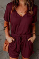 Full Size Drawstring V-Neck Short Sleeve Romper - Charming Charlie