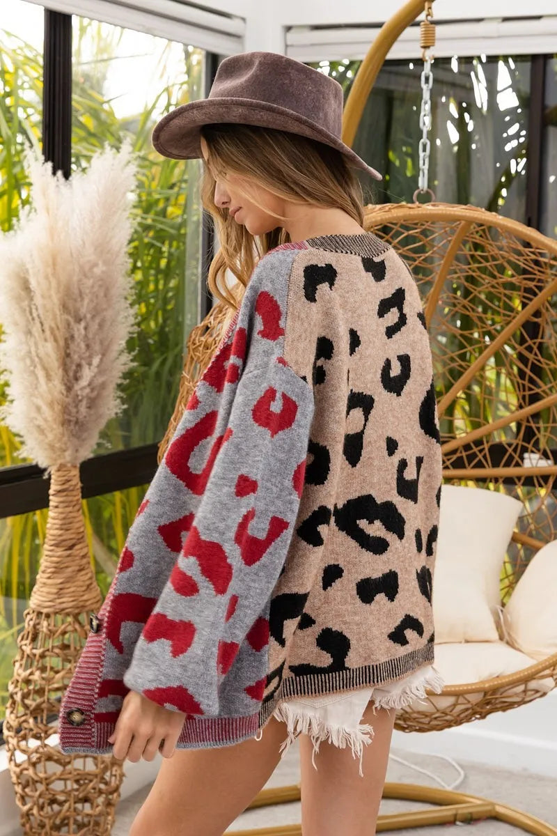 BiBi Leopard Color Block Button Down Sweater Cardigan – Charming