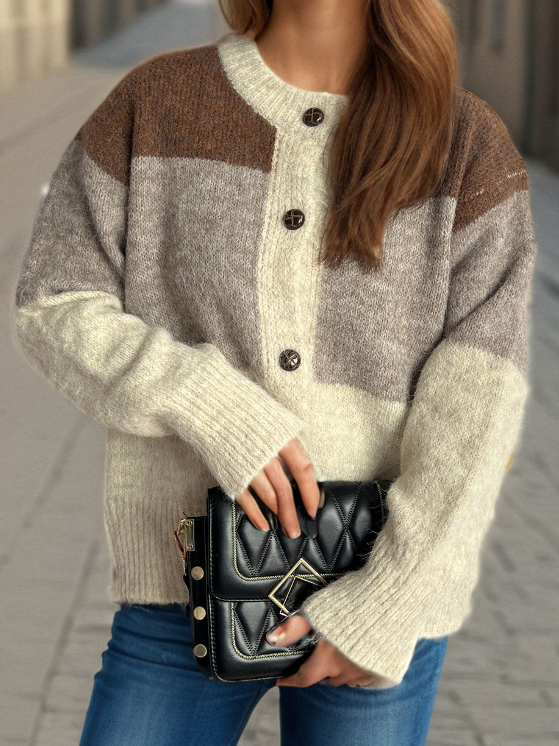 Color Block Round Neck Button Up Cardigan - Charming Charlie