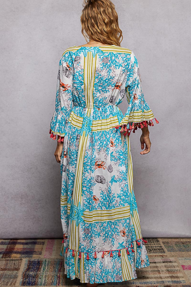 maxi tassel dress POL Bohemian Print Tassel Trim Maxi Dress IVORY/BLUE MULTI / M