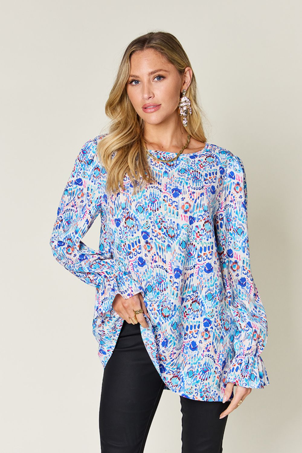 Double Take Full Size Printed Flounce Sleeve Blouse - Charming Charlie