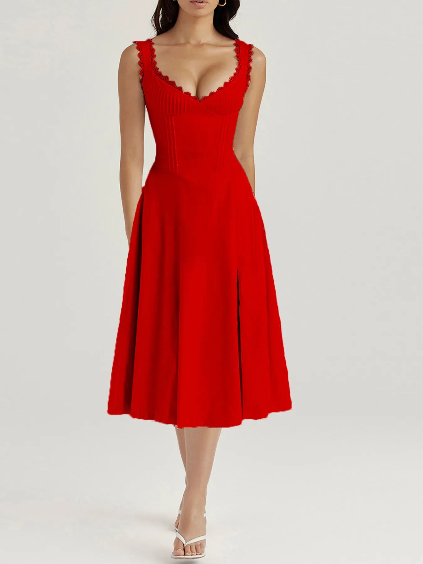 Scalloped V-Neck Midi Dress with Back Lace-Up Charming Charlie Scalloped V-Neck Midi Dress with Back Lace-Up Charming Charlie