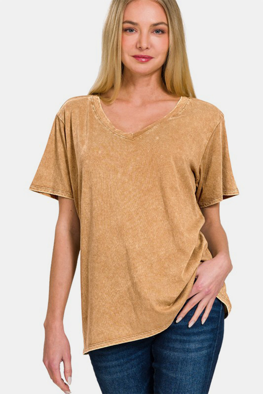 Zenana Full Size Washed Short Sleeve V-Neck T-Shirt - Charming Charlie