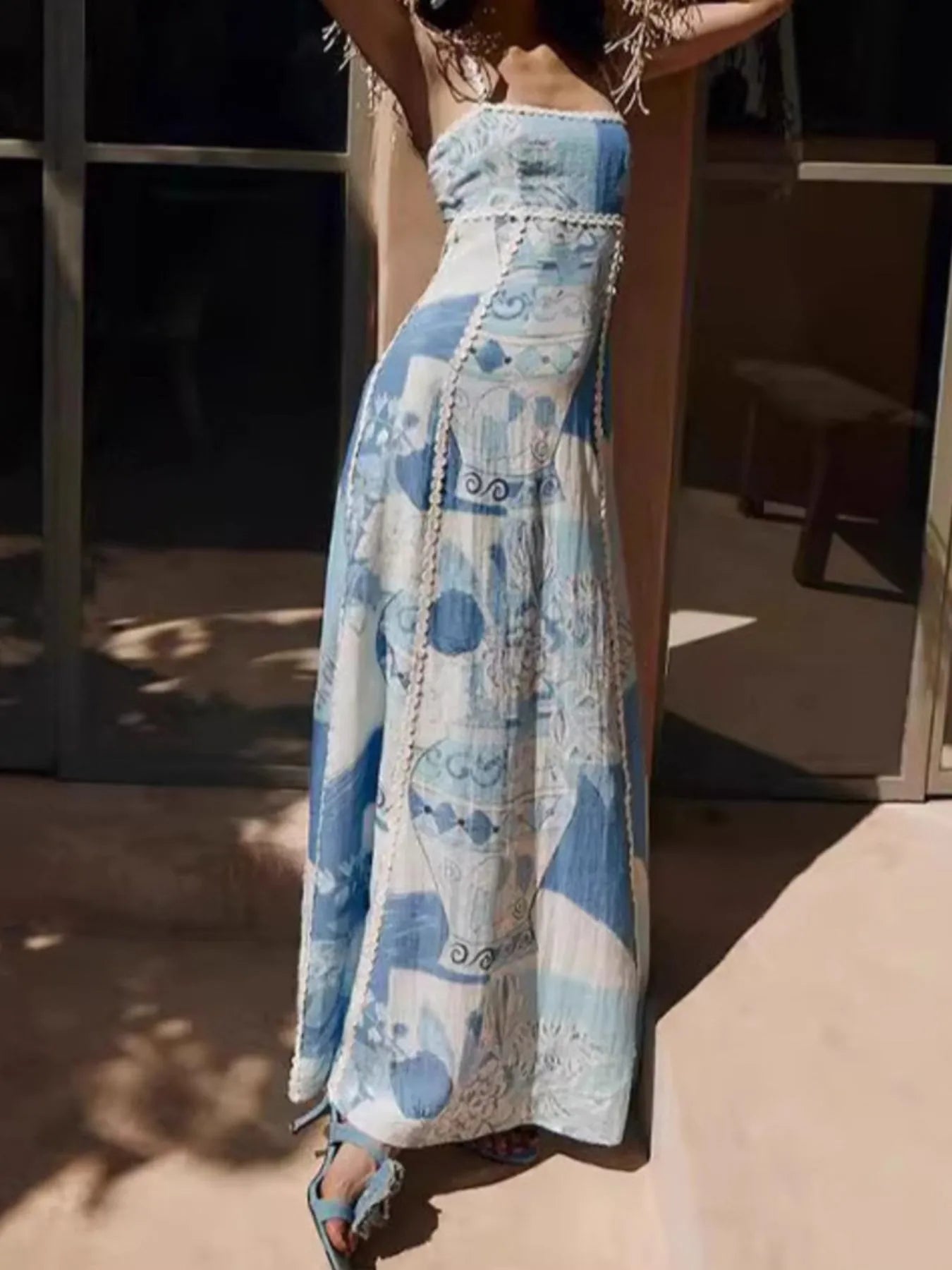 Printed Square Neck Cami Maxi Dress Light Blue / XL