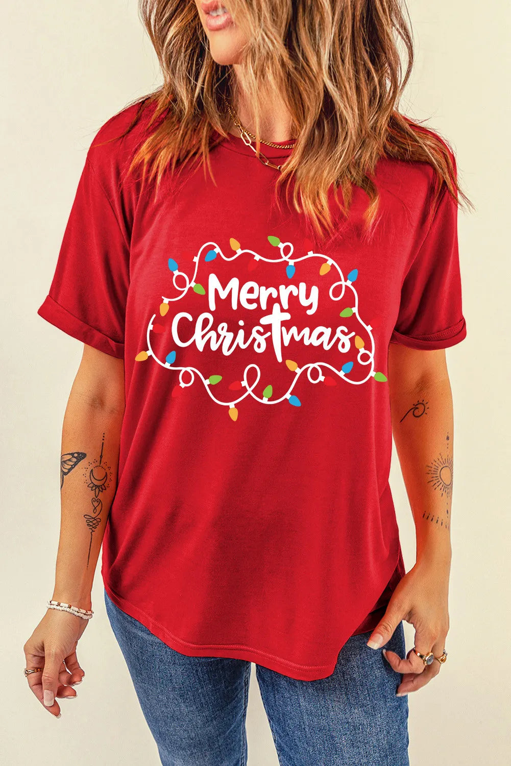 MERRY CHRISTMAS Round Neck Short Sleeve T-Shirt - Charming Charlie