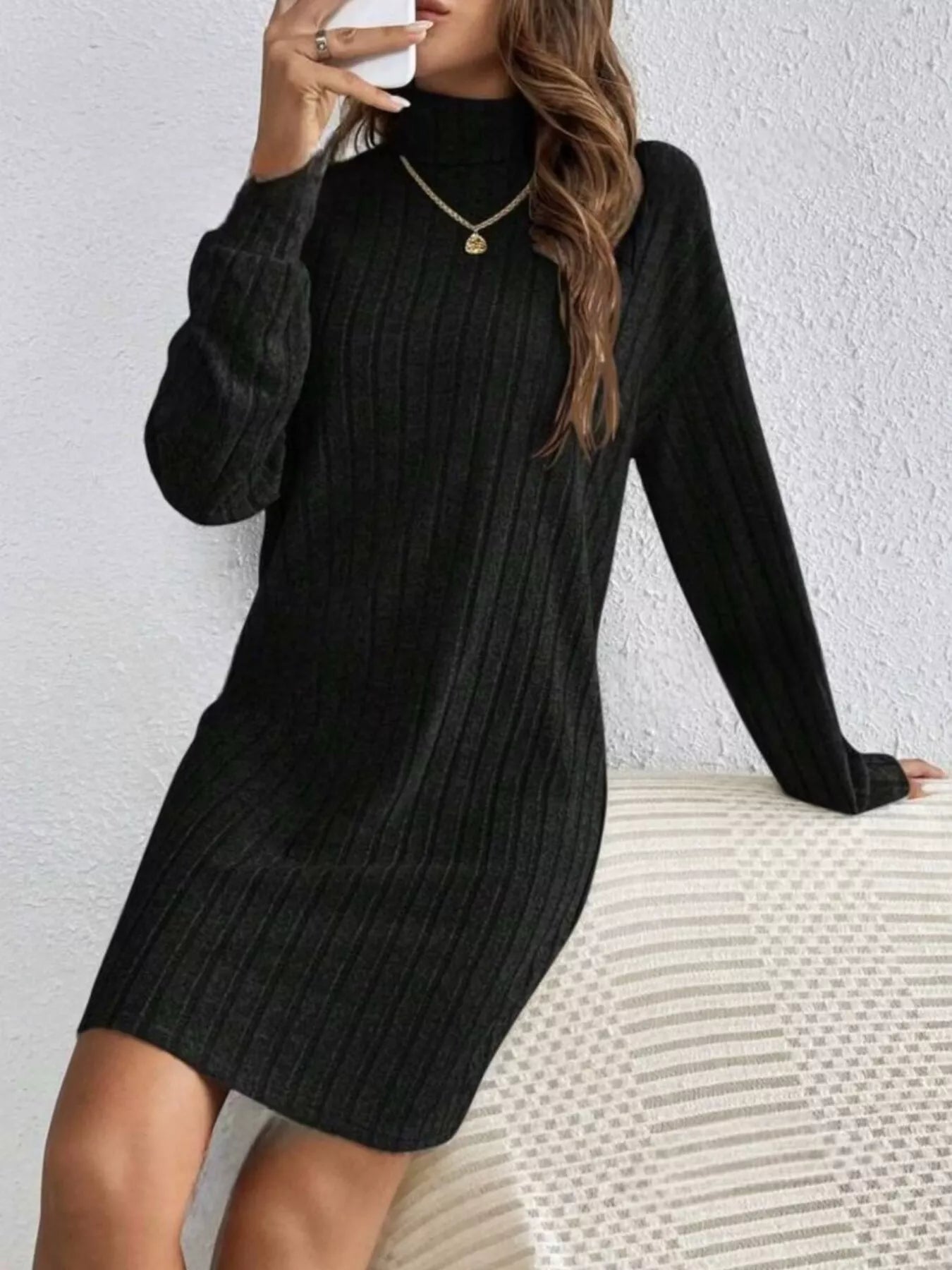 Ribbed Knit Turtleneck Mini Dress Light Gray / 2XL