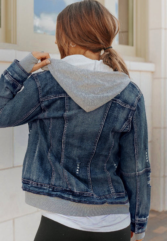 Fake Two-Piece Hooded Zip-Up Denim Jacket – Charming Charlie