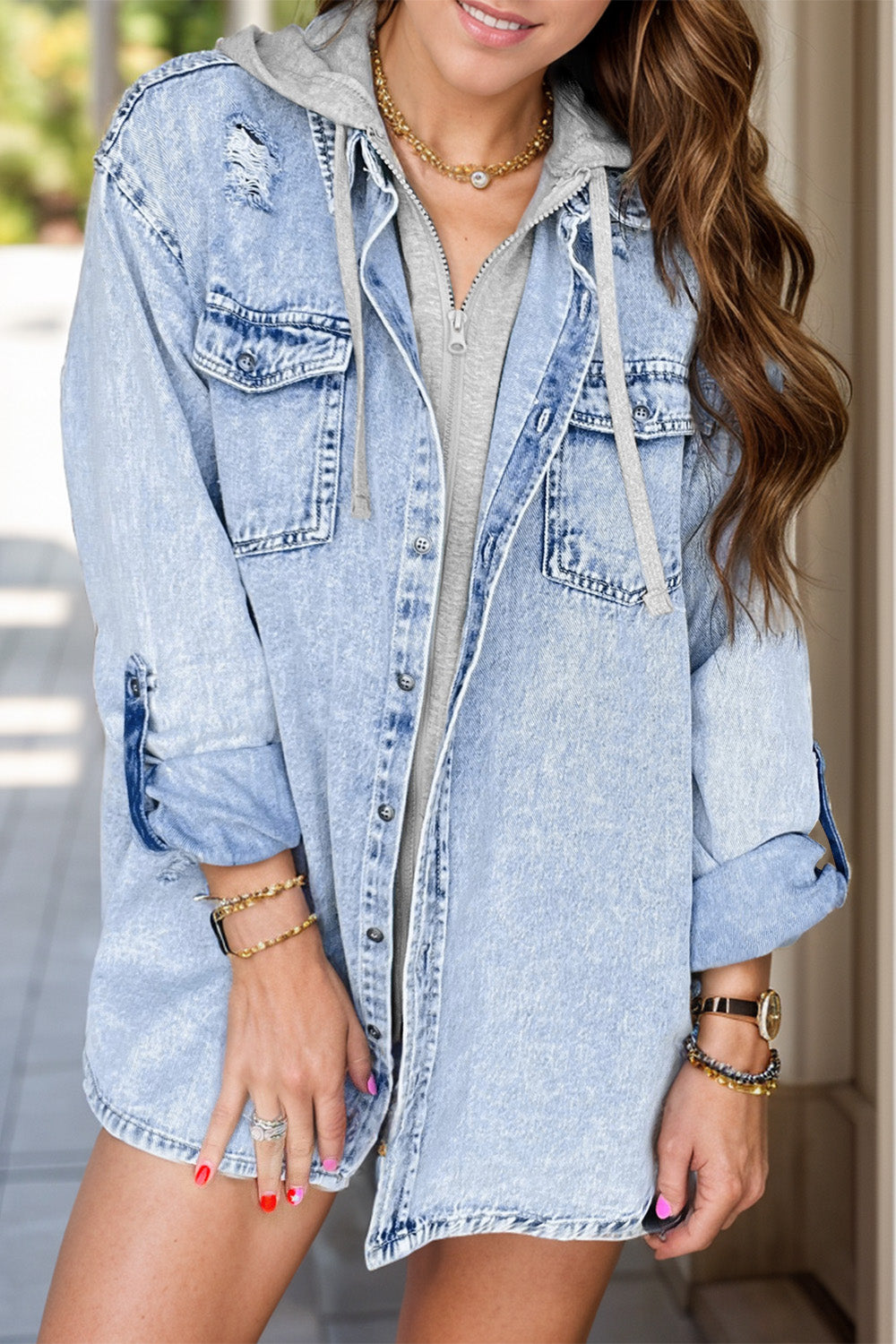 Distressed Button Up Long Sleeve Denim Jacket - Charming Charlie