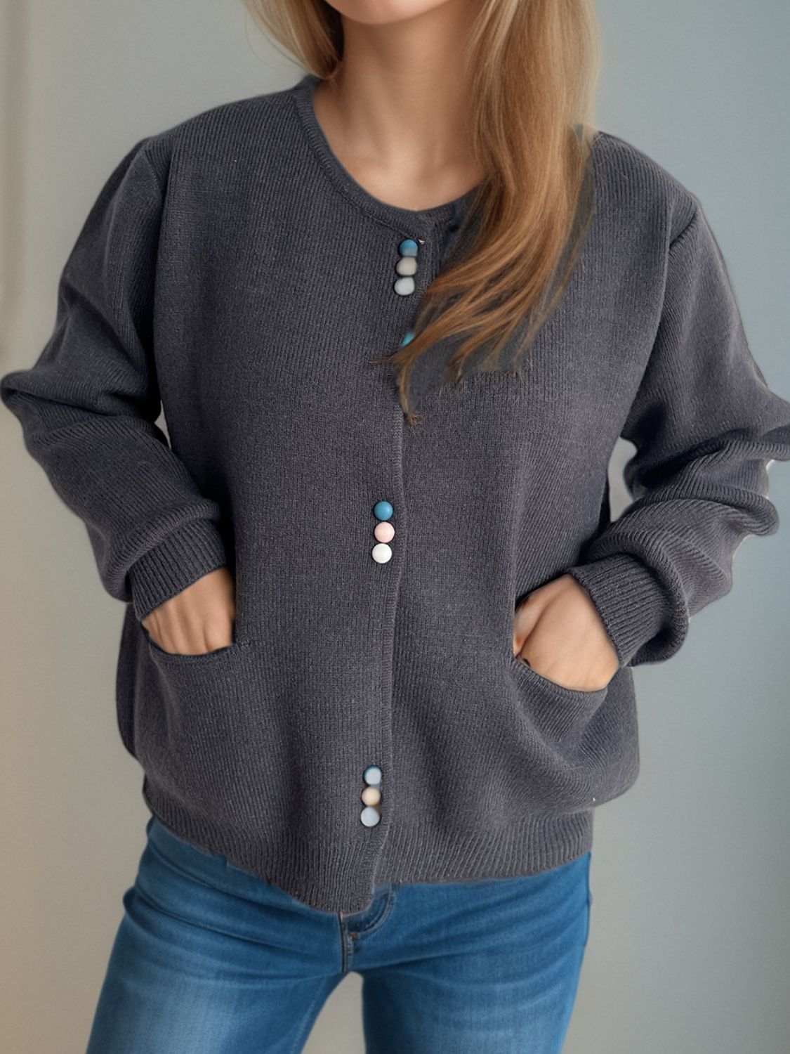 Button Down Long Sleeve Cardigan with Pockets - Charming Charlie