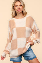Haptics Full Size Checkered Round Neck Drop Shoulder Sweater - Charming Charlie