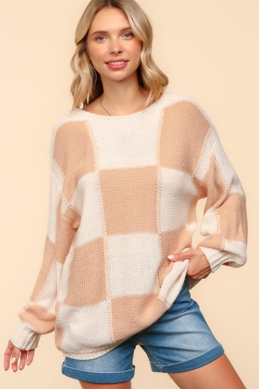 Haptics Full Size Checkered Round Neck Drop Shoulder Sweater - Charming Charlie