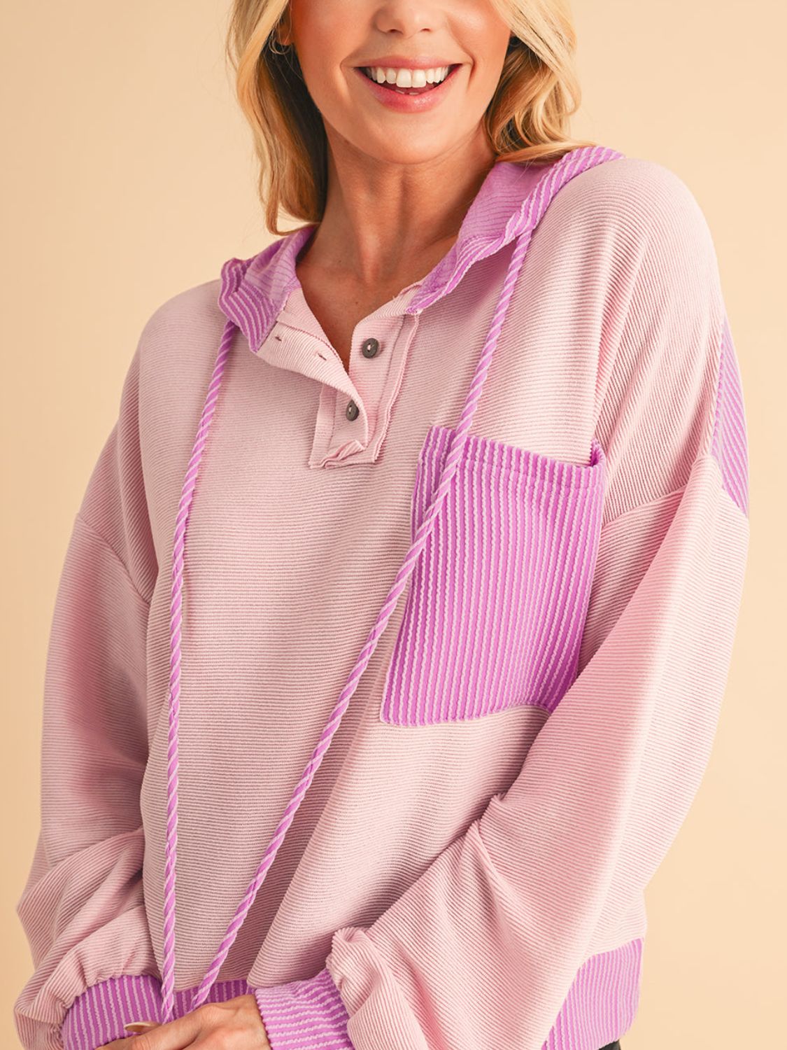 Corded Color Block Drawstring Hoodie - Charming Charlie