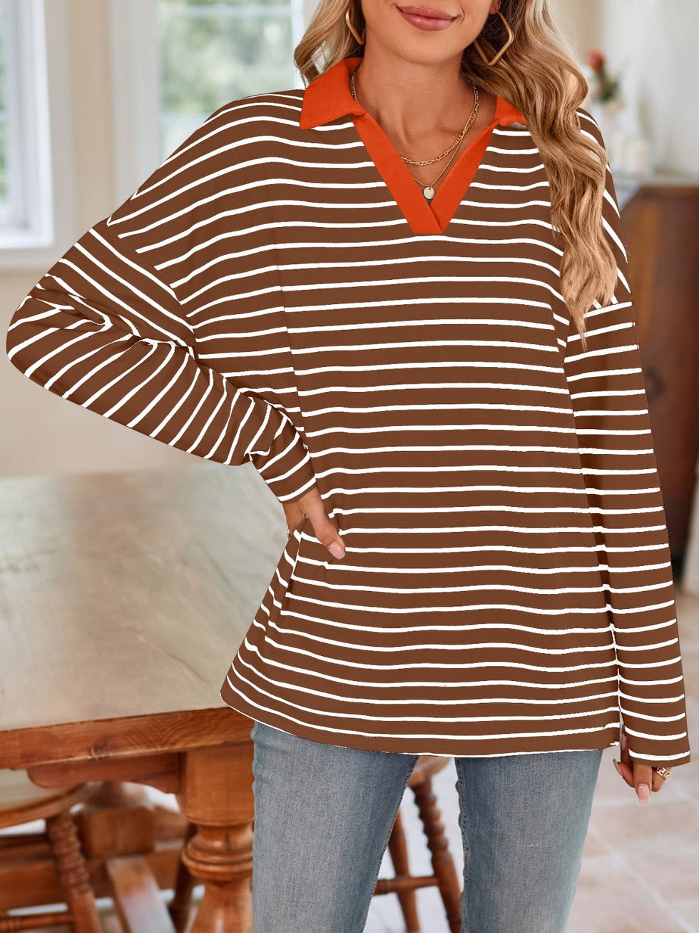 Striped Johnny Collar Long Sleeve Mini Shirt Dress main image 0
