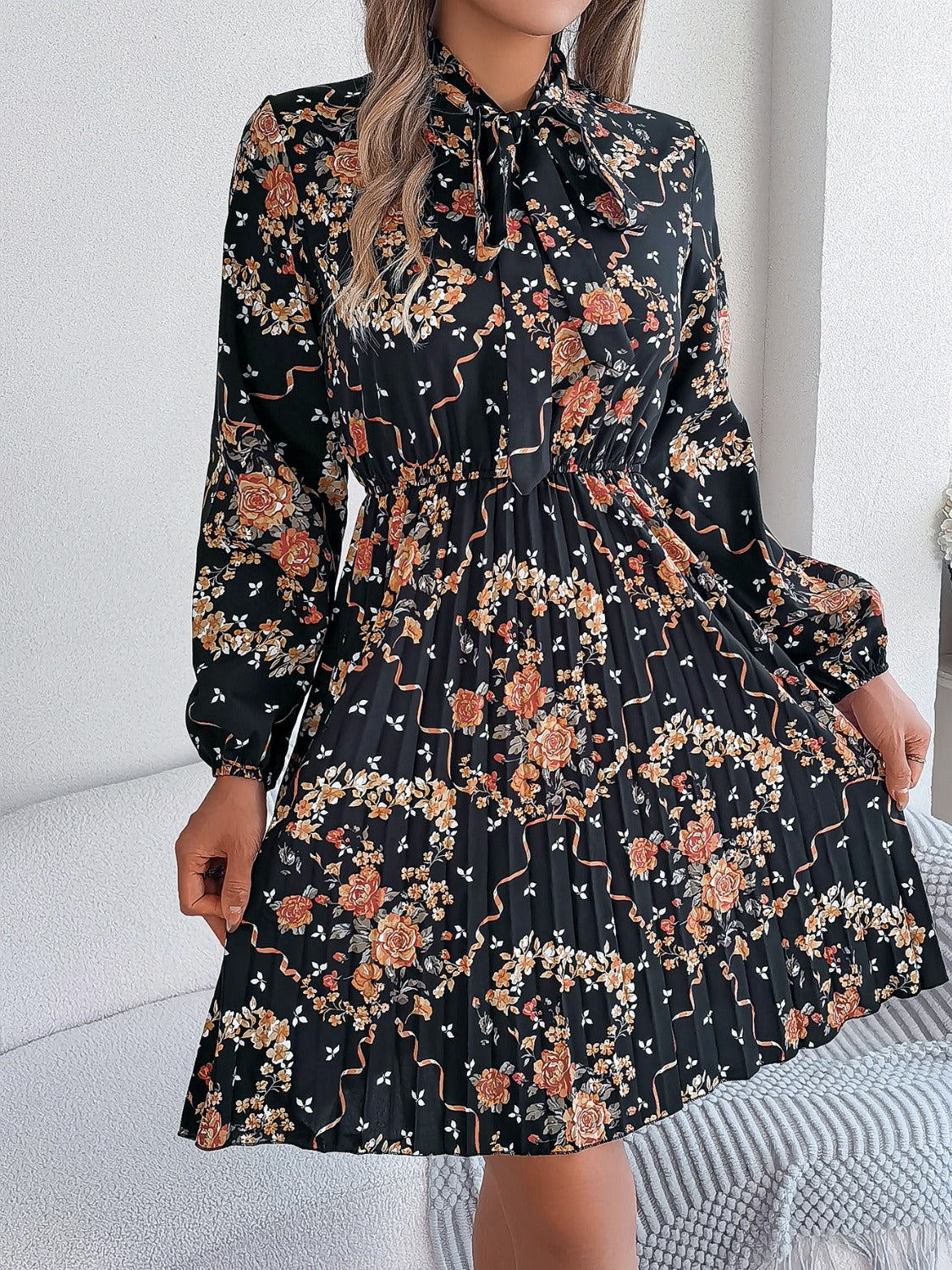 Pleated Printed Tie Neck Long Sleeve Dress - Charming Charlie
