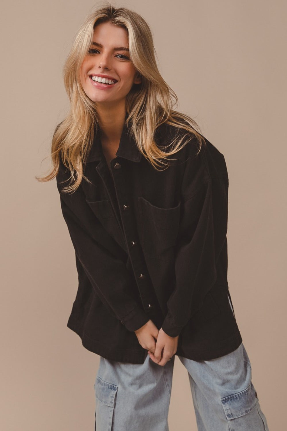 BiBi Button Up Washed Jacket with Pockets - Charming Charlie