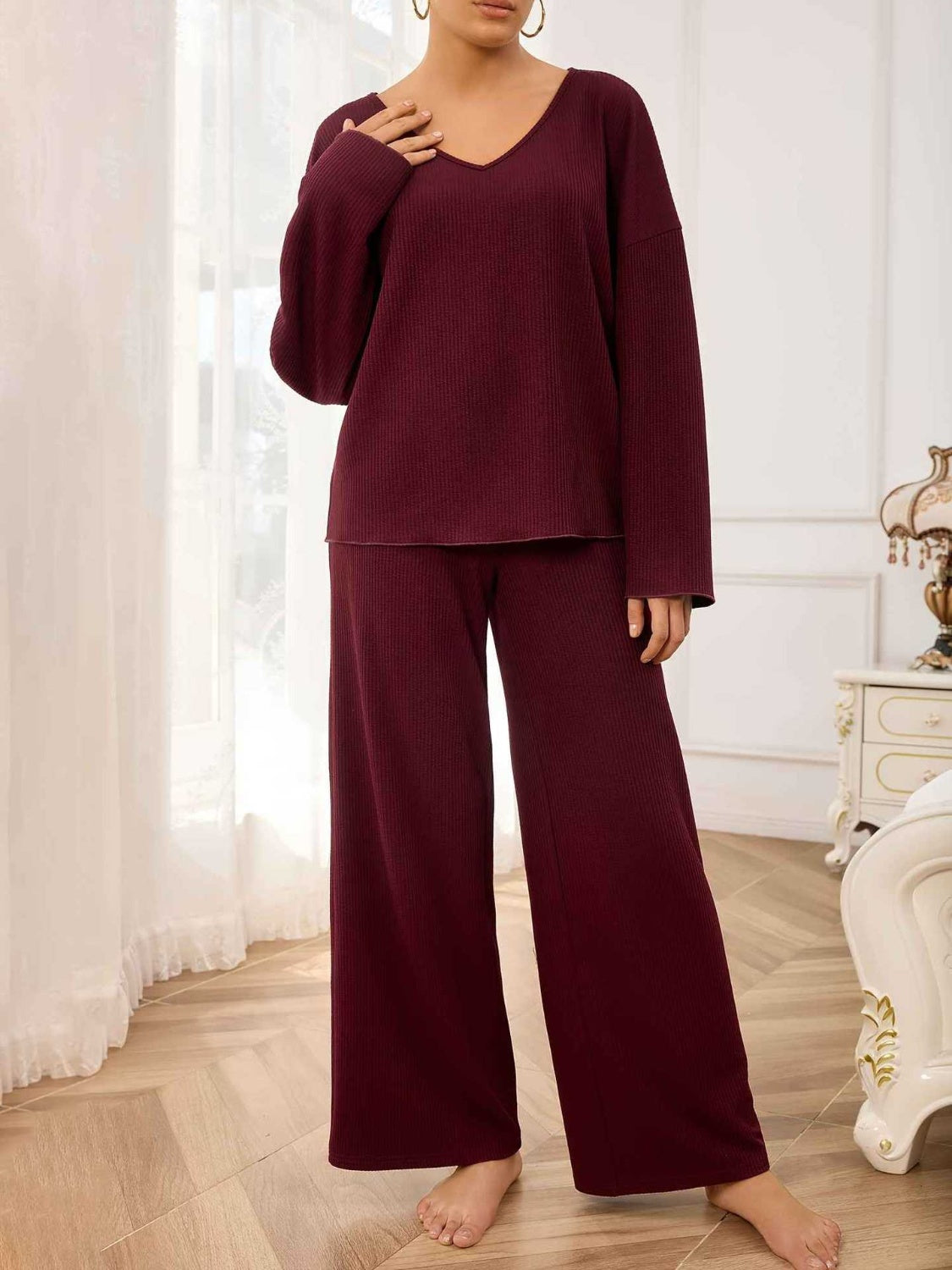 V-Neck Long Sleeve Top and Wide Leg Pants Set - Charming Charlie