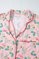 Printed Collared Neck Long Sleeve Top and Pants Lounge Set - Charming Charlie