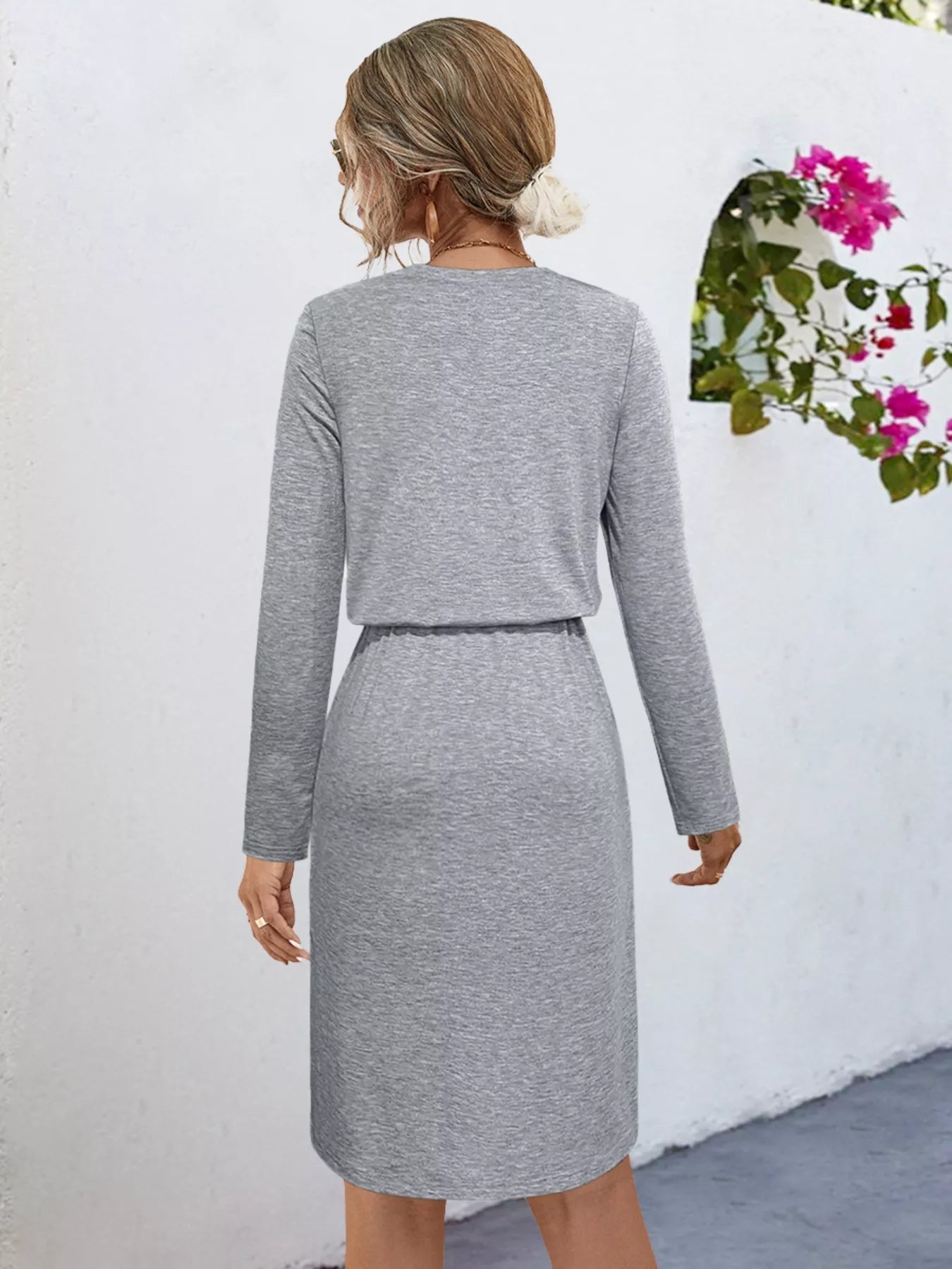 drawstring midi dress Long Sleeve Drawstring Midi Dress Dark Gray / XL