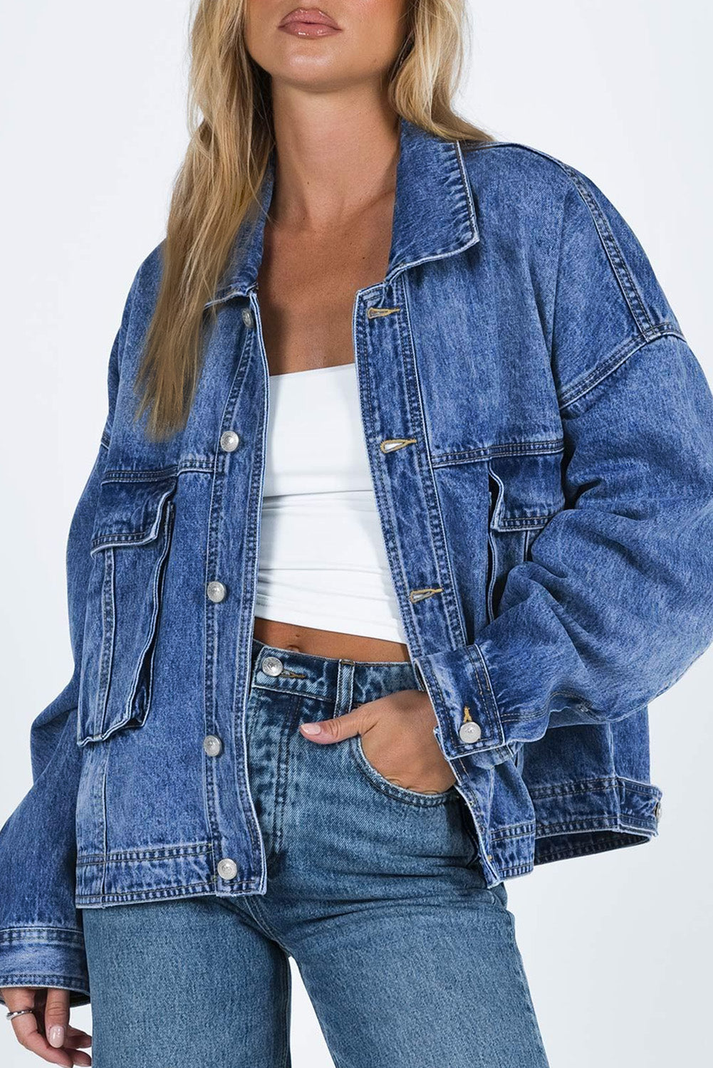 Collared Neck Button Up Denim Jacket - Charming Charlie