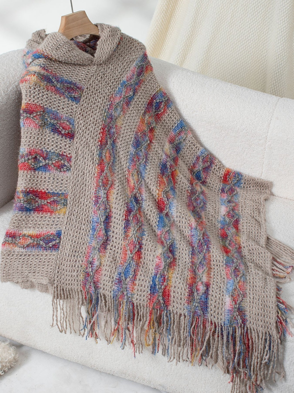 Fringe Contrast Hooded Poncho - Charming Charlie