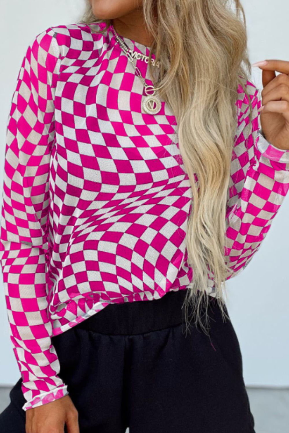 Checkered Mock Neck Long Sleeve Blouse - Charming Charlie
