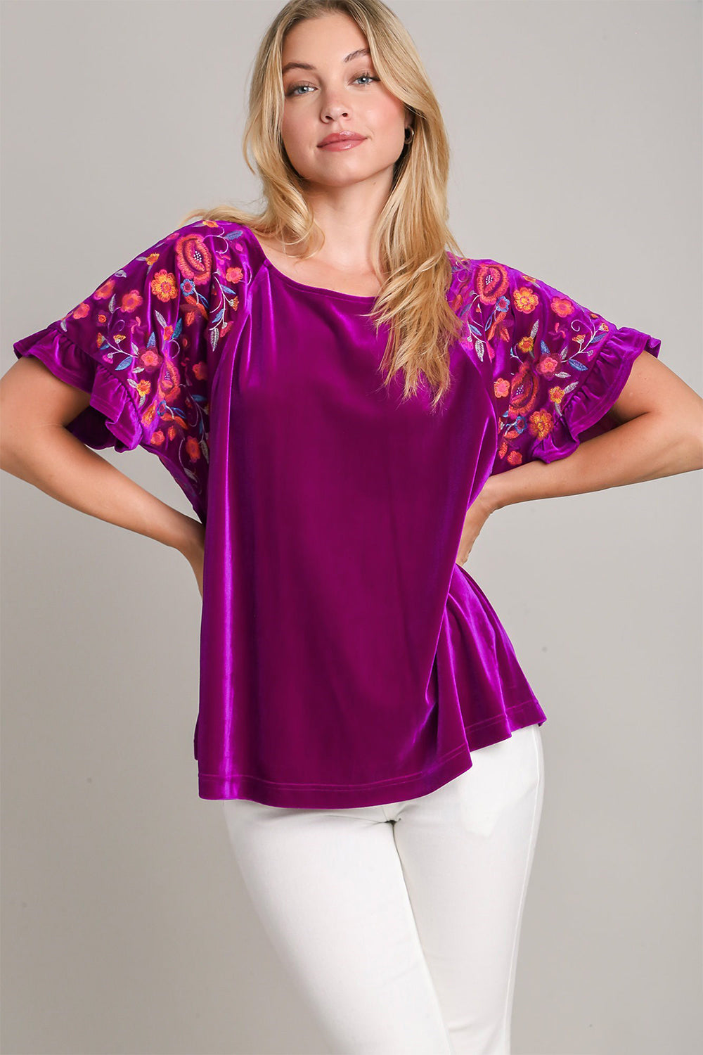 Umgee Full Size Velvet Embroidery Short Sleeve Blouse - Charming Charlie