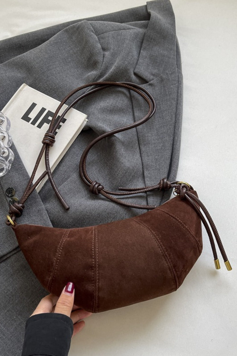 PU Leather Strap Suede Shoulder Bag - Charming Charlie