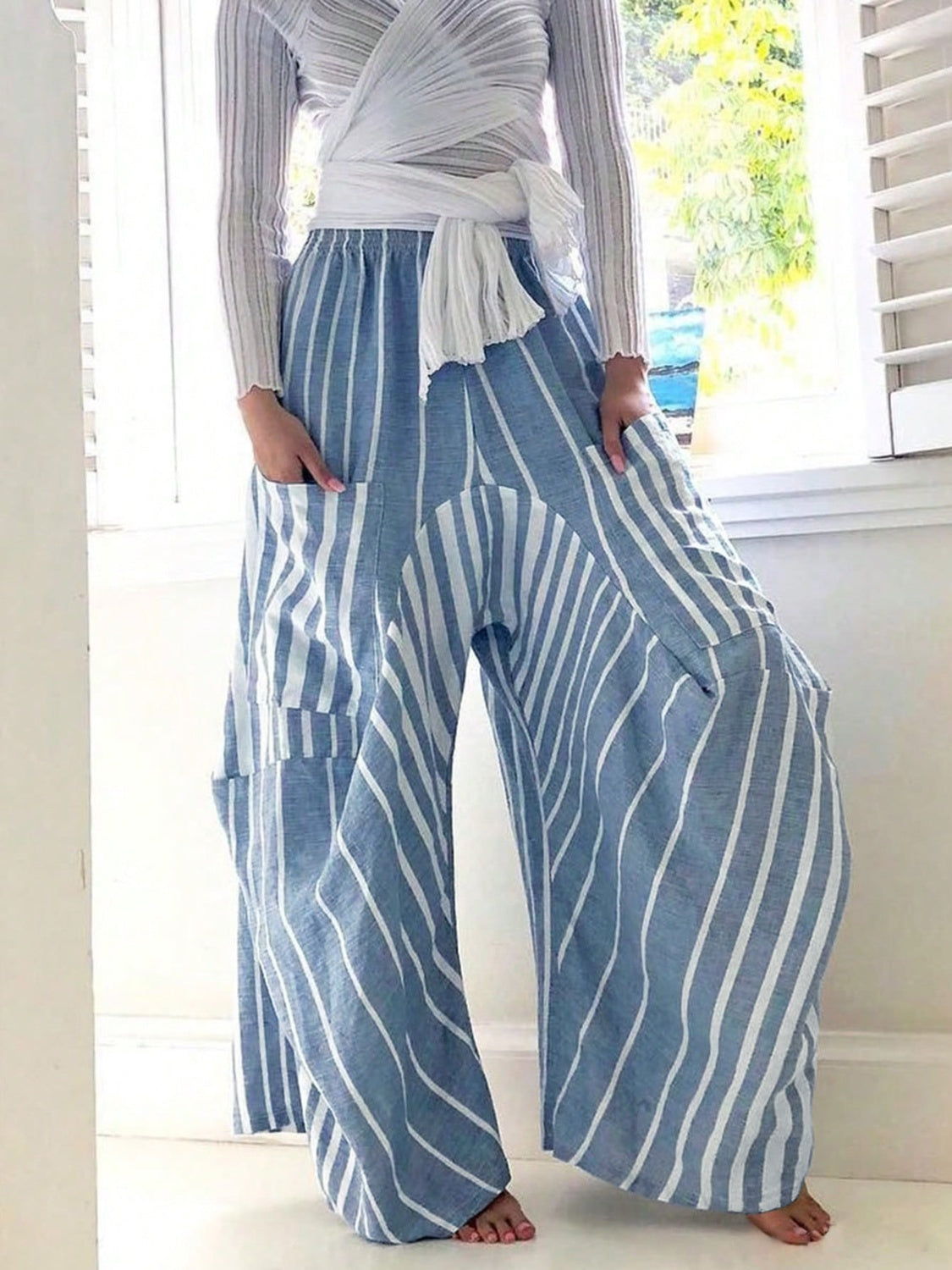 Striped Elastic Waist Wide Leg Pants – Charming Charlie