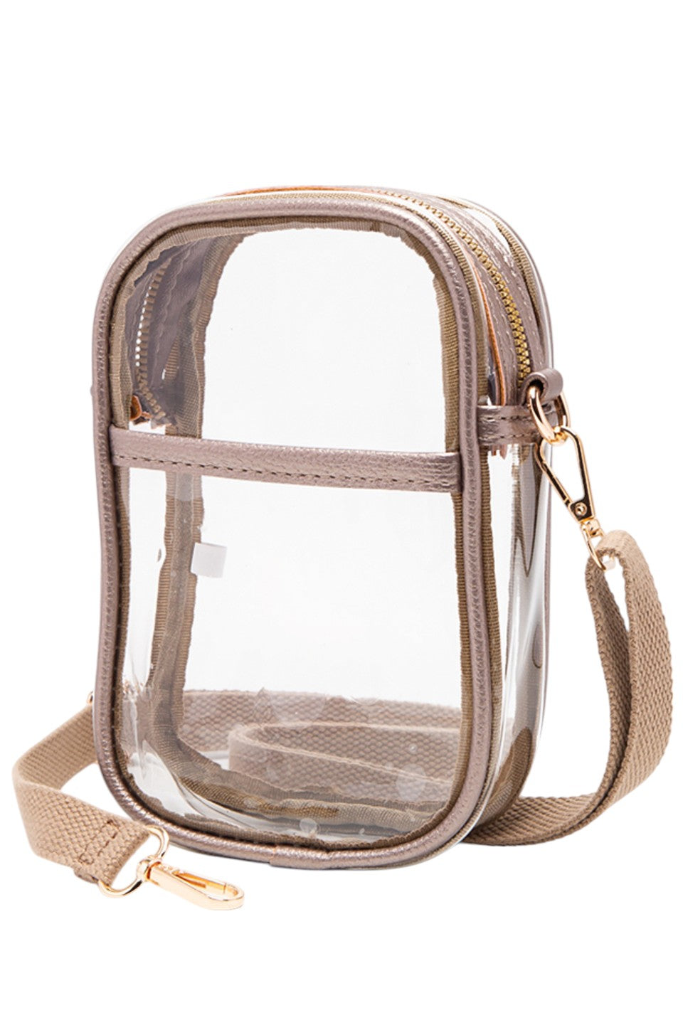 Bronze Clear Crossbody Stadium Bag combines functionality with compliance, featuring a fully transparent design that meets most stadium security requirements. Its lightweight construction and adjustable crossbody strap provide comfort and ease of use, allowing quick access to your essentials while keeping them visible for hassle-free entry. Ideal for sports events, concerts, and venues with strict bag policies. 