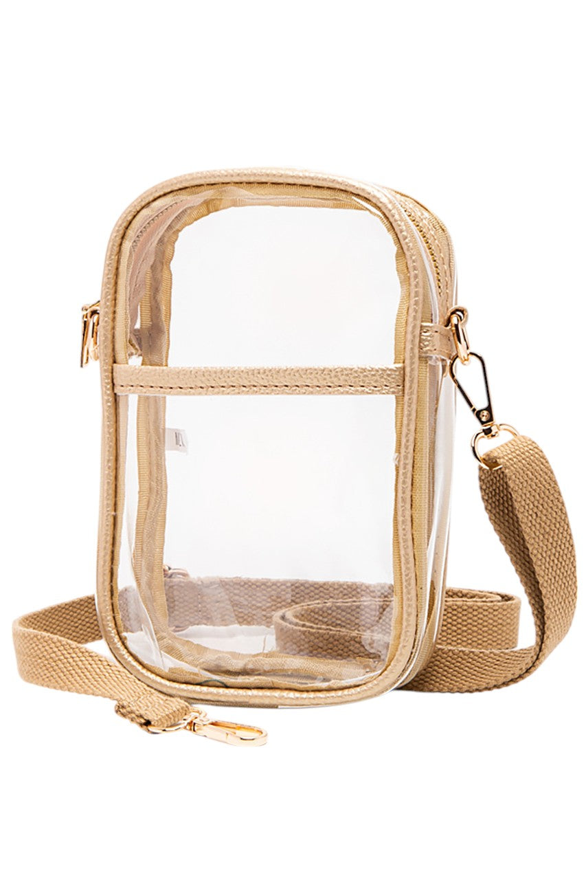 Gold Clear Crossbody Stadium Bag combines functionality with compliance, featuring a fully transparent design that meets most stadium security requirements. Its lightweight construction and adjustable crossbody strap provide comfort and ease of use, allowing quick access to your essentials while keeping them visible for hassle-free entry. Ideal for sports events, concerts, and venues with strict bag policies. 