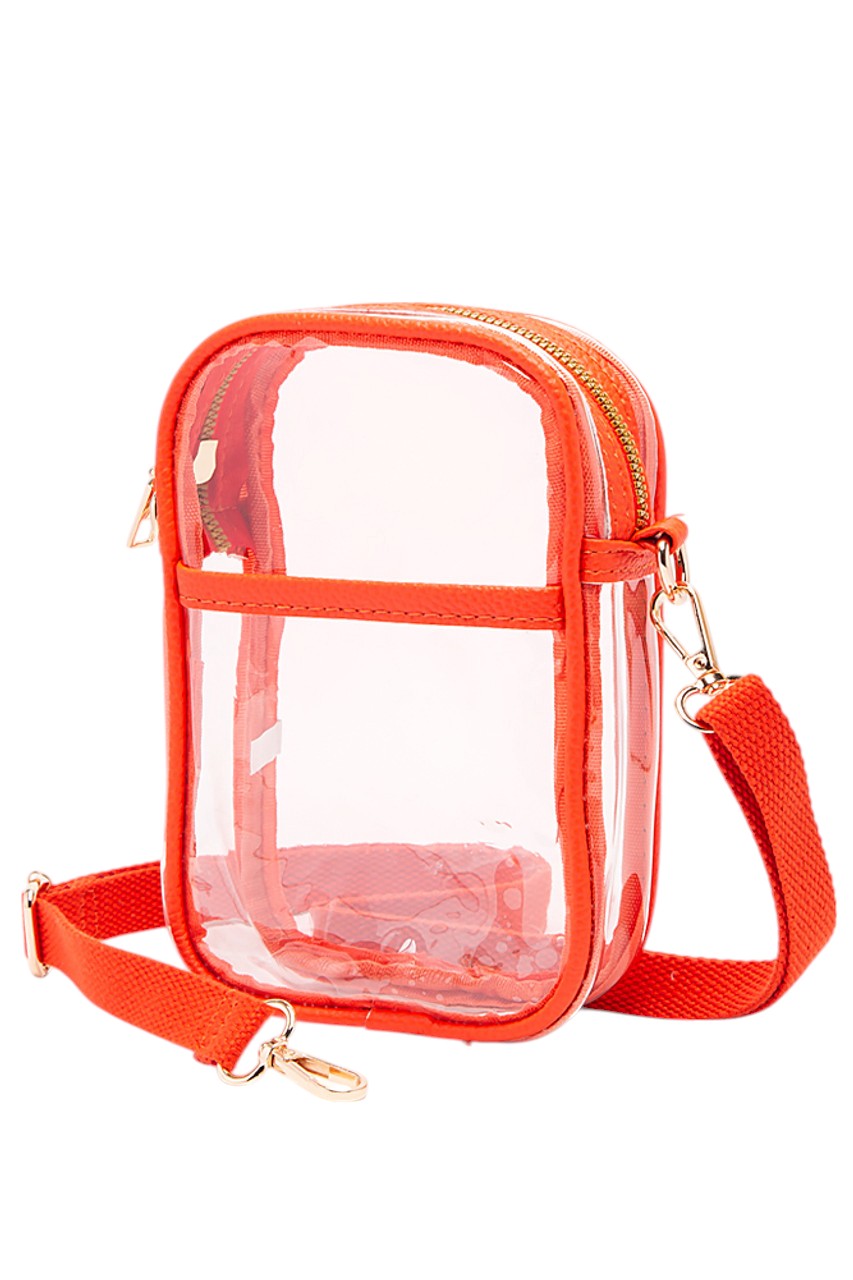 Orange Clear Crossbody Stadium Bag combines functionality with compliance, featuring a fully transparent design that meets most stadium security requirements. Its lightweight construction and adjustable crossbody strap provide comfort and ease of use, allowing quick access to your essentials while keeping them visible for hassle-free entry. Ideal for sports events, concerts, and venues with strict bag policies. 